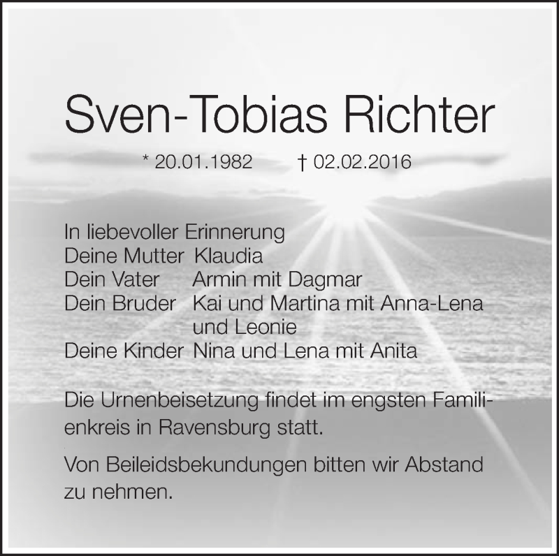  Traueranzeige für Sven-Tobias Richter vom 06.02.2016 aus Schwäbische Zeitung