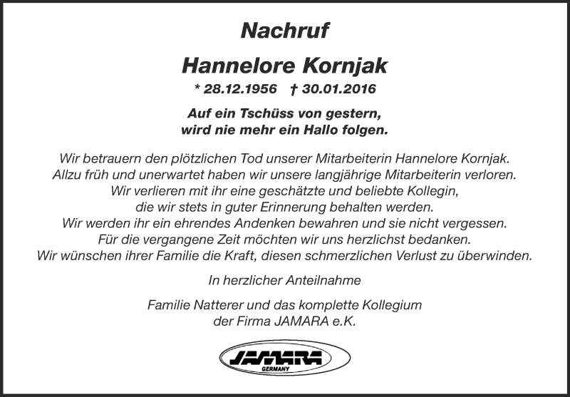  Traueranzeige für Hannelore Kornjak vom 10.02.2016 aus Schwäbische Zeitung