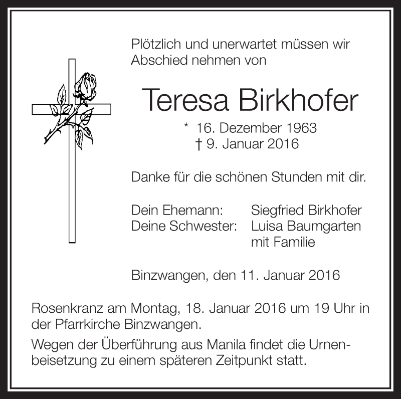 Traueranzeigen Von Teresa Birkhofer Schwaebische De Trauerportal