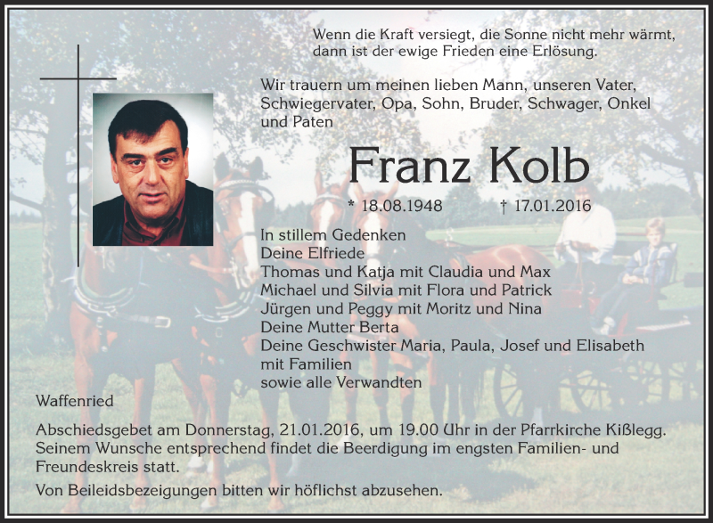 Traueranzeigen Von Franz Kolb Schwaebische De Trauerportal