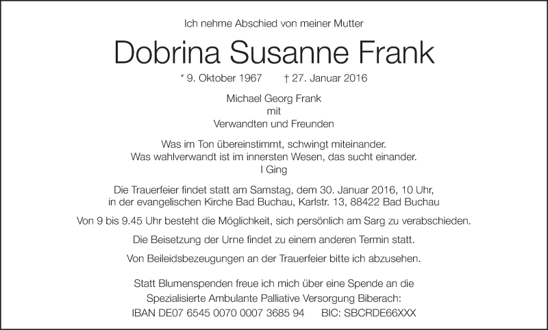  Traueranzeige für Dobrina Susanne Frank vom 29.01.2016 aus Schwäbische Zeitung