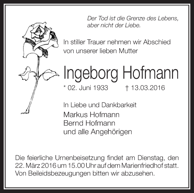 Traueranzeigen Von Ingeborg Hofmann Schwaebische De Trauerportal