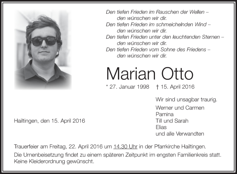  Traueranzeige für Marian Otto vom 20.04.2016 aus Schwäbische Zeitung