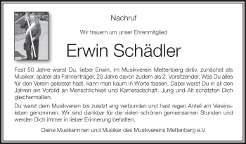 Anzeige von Erwin Schädler von Schwäbische Zeitung