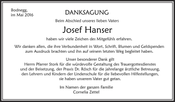 Anzeige von Josef Hanser von Schwäbische Zeitung