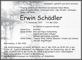 Anzeige von Erwin Schädler von Schwäbische Zeitung