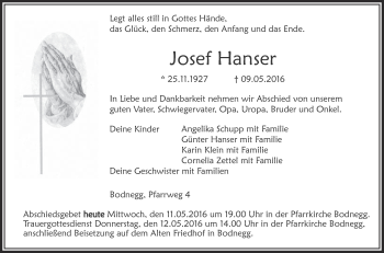 Anzeige von Josef Hanser von Schwäbische Zeitung