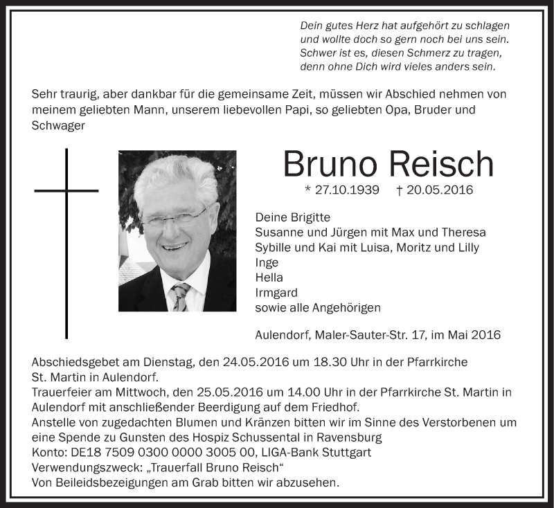  Traueranzeige für Bruno Reisch vom 23.05.2016 aus Schwäbische Zeitung