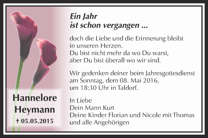  Traueranzeige für Hannelore Heymann vom 06.05.2016 aus Schwäbische Zeitung