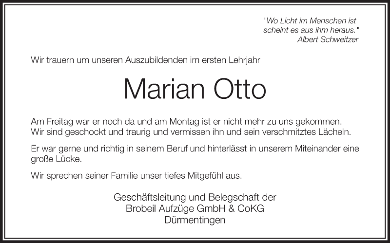  Traueranzeige für Marian Otto vom 22.04.2016 aus Schwäbische Zeitung