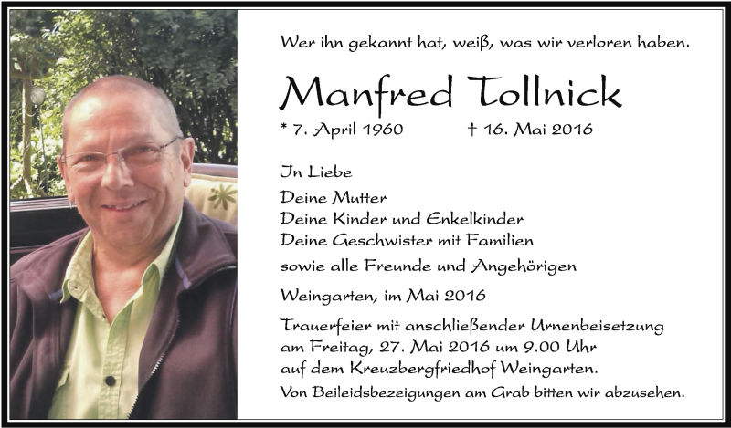  Traueranzeige für Manfred Tollnick vom 21.05.2016 aus Schwäbische Zeitung