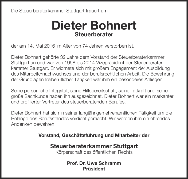  Traueranzeige für Dieter Bohnert vom 23.05.2016 aus Schwäbische Zeitung