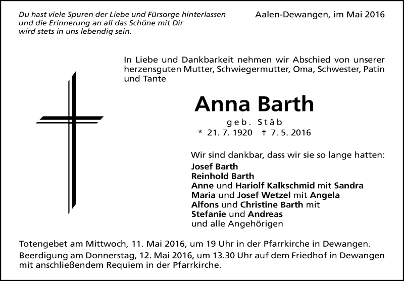 Traueranzeigen Von Anna Barth Schwaebische De Trauerportal