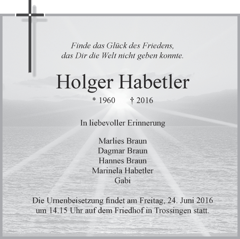  Traueranzeige für Holger Habetler vom 22.06.2016 aus Schwäbische Zeitung