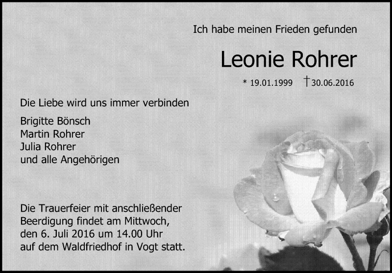  Traueranzeige für Leonie Rohrer vom 05.07.2016 aus Schwäbische Zeitung