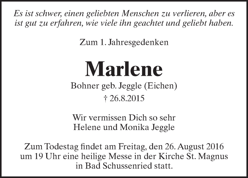  Traueranzeige für Marlene Bohner vom 24.08.2016 aus Schwäbische Zeitung