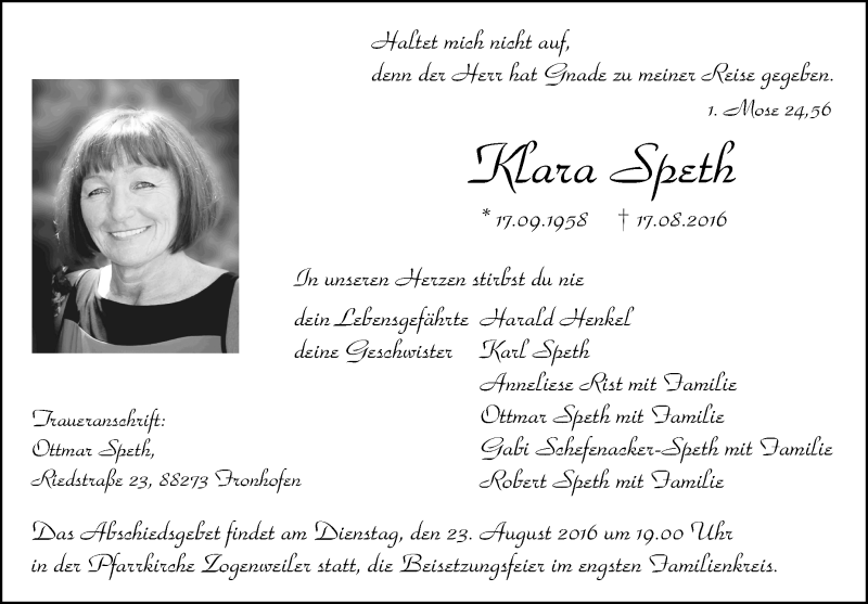  Traueranzeige für Klara Speth vom 20.08.2016 aus Schwäbische Zeitung
