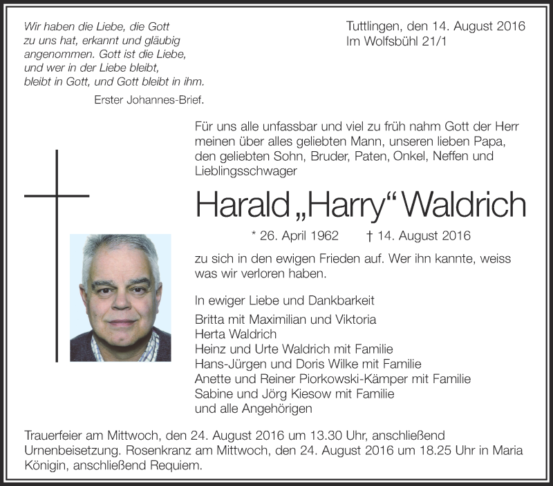  Traueranzeige für Harald Waldrich vom 19.08.2016 aus Schwäbische Zeitung