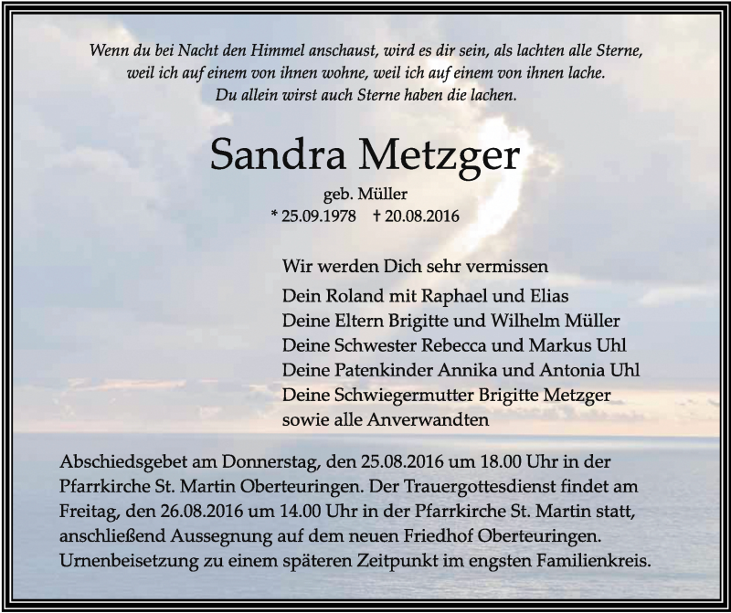  Traueranzeige für Sandra Metzger vom 23.08.2016 aus Schwäbische Zeitung