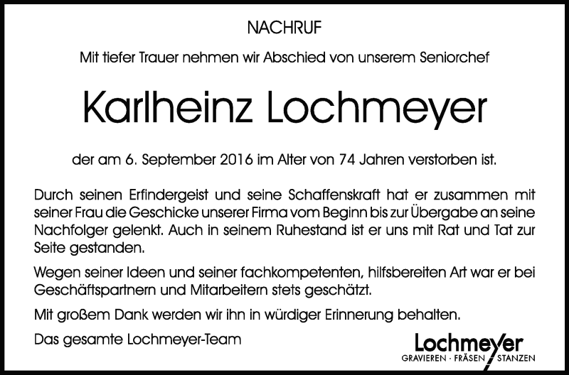 Traueranzeige für Karlheinz Lochmeyer vom 10.09.2016 aus Schwäbische Zeitung