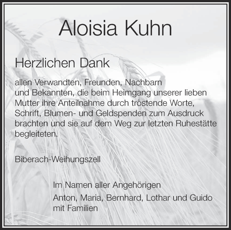 Traueranzeigen Von Aloisia Kuhn Schwaebische De Trauerportal