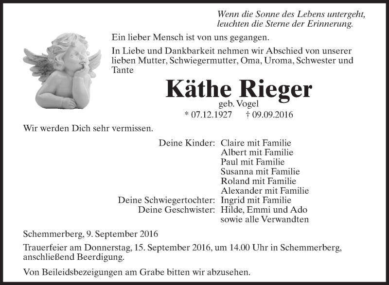  Traueranzeige für Käthe Rieger vom 13.09.2016 aus Schwäbische Zeitung