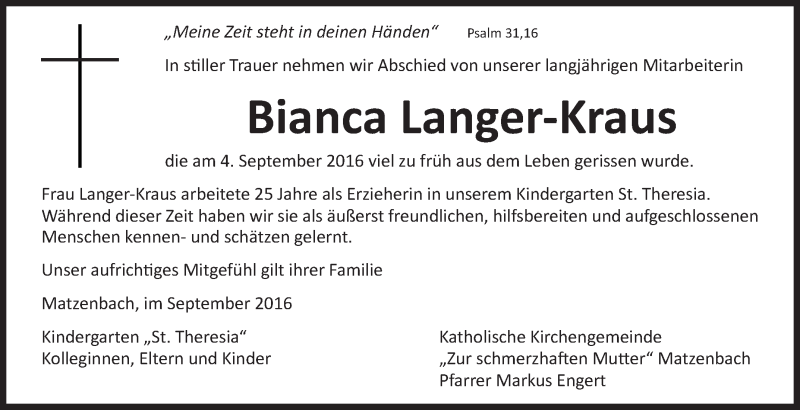  Traueranzeige für Bianca Langer-Kraus vom 09.09.2016 aus Schwäbische Zeitung