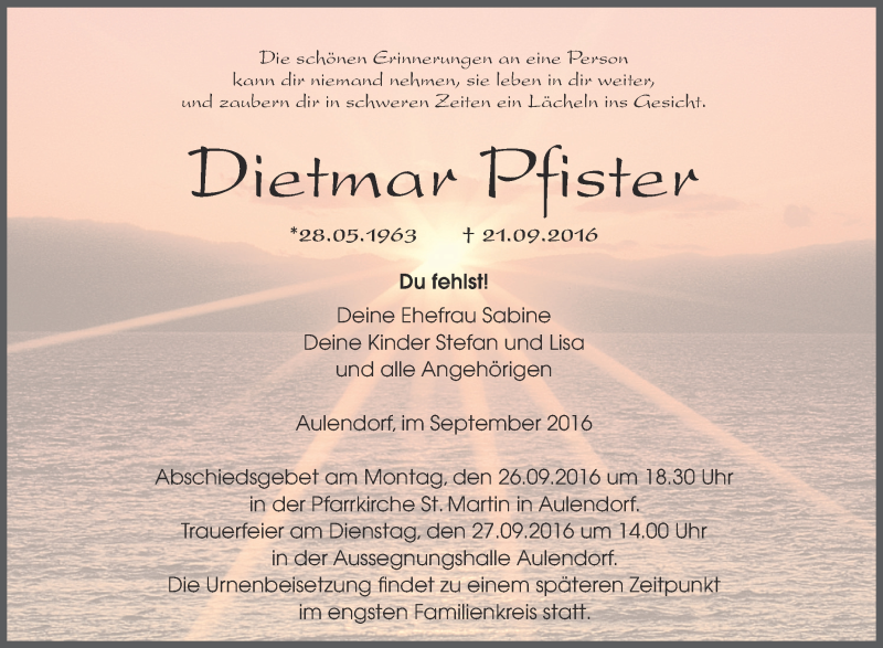  Traueranzeige für Dietmar Pfister vom 24.09.2016 aus Schwäbische Zeitung