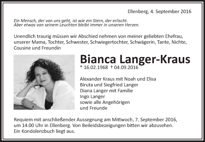  Traueranzeige für Bianca Langer-Kraus vom 06.09.2016 aus Schwäbische Zeitung