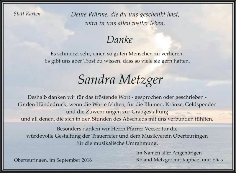  Traueranzeige für Sandra Metzger vom 17.09.2016 aus Schwäbische Zeitung