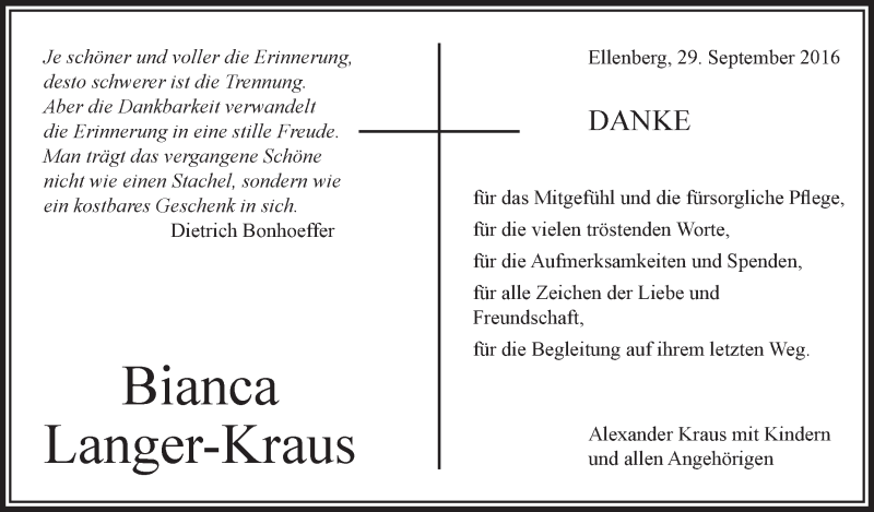  Traueranzeige für Bianca Langer-Kraus vom 29.09.2016 aus Schwäbische Zeitung