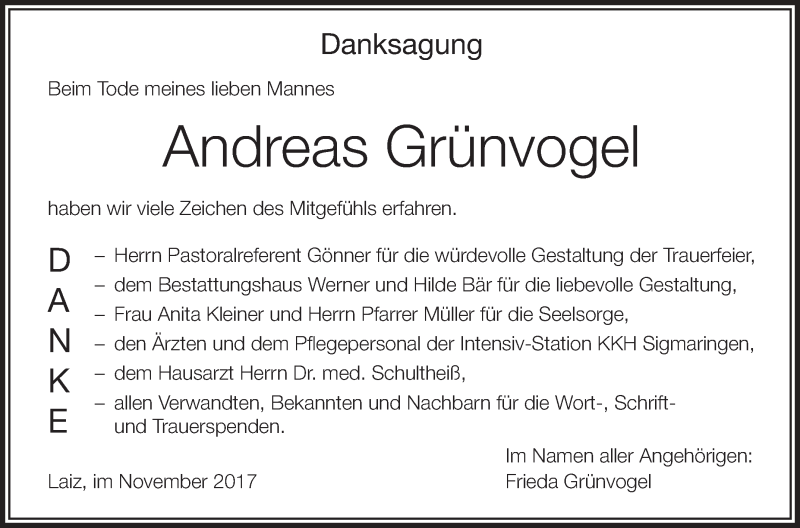 Traueranzeigen Von Andreas Gr Nvogel Schwaebische De Trauerportal