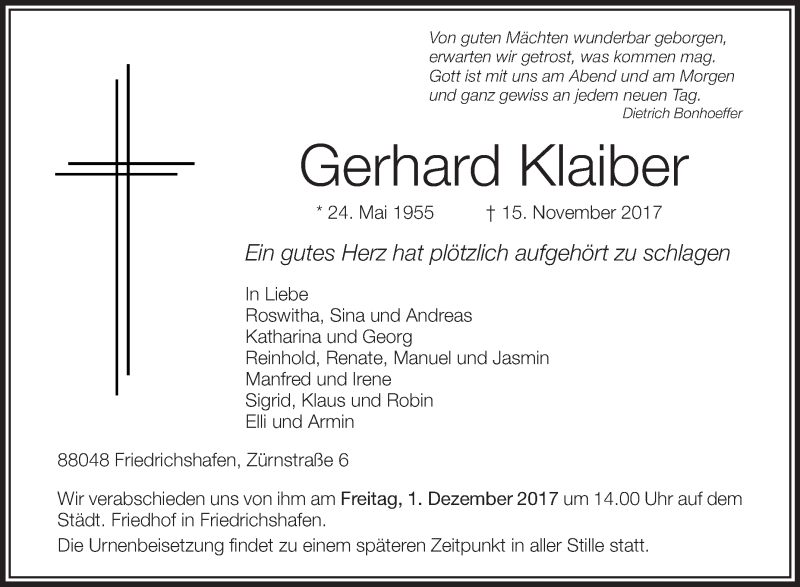 Traueranzeigen Von Gerhard Klaiber Schwaebische De Trauerportal