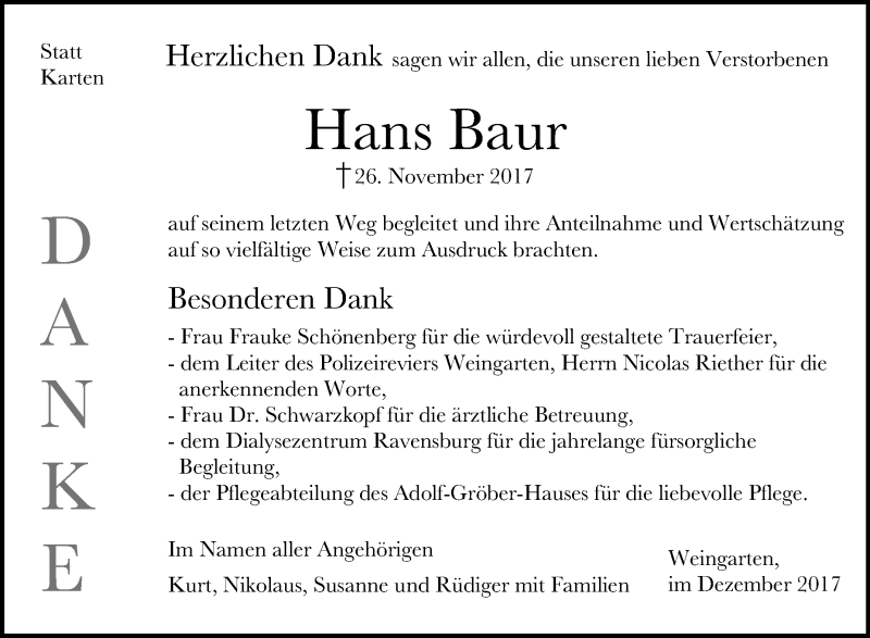 Traueranzeigen Von Hans Baur Schwaebische De Trauerportal