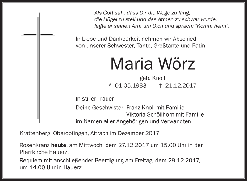 Traueranzeigen von Maria Wörz schwaebische de Trauerportal