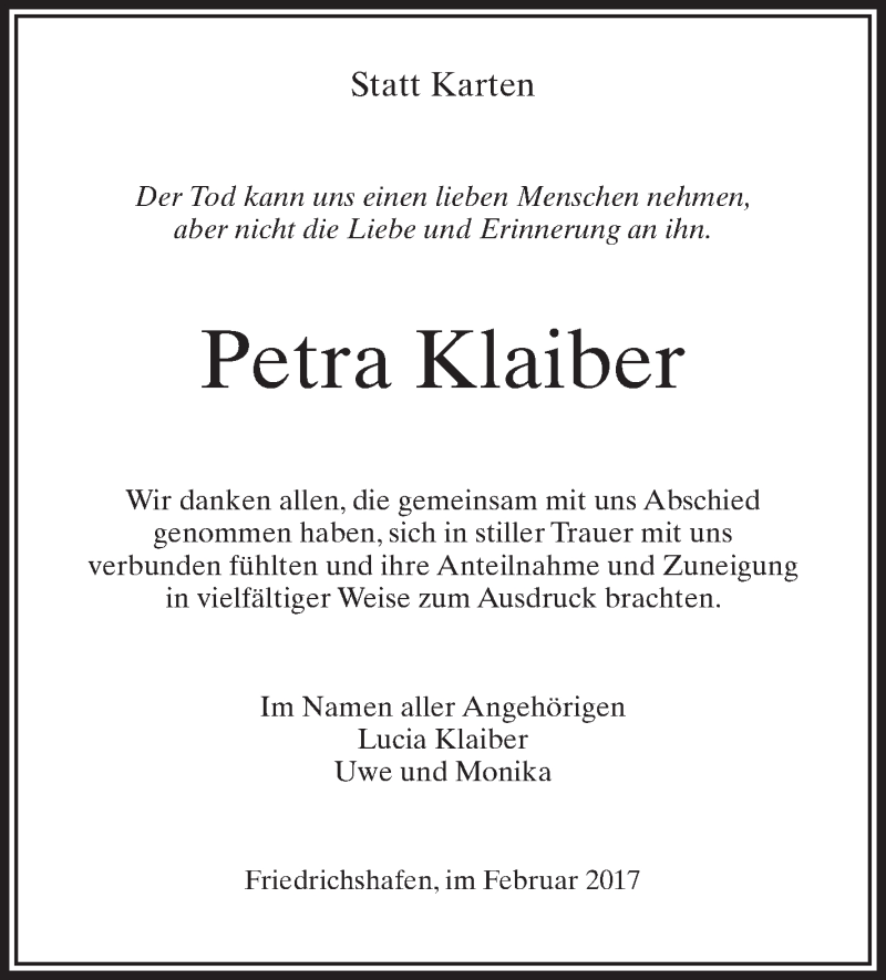 Traueranzeigen Von Petra Klaiber Schwaebische De Trauerportal