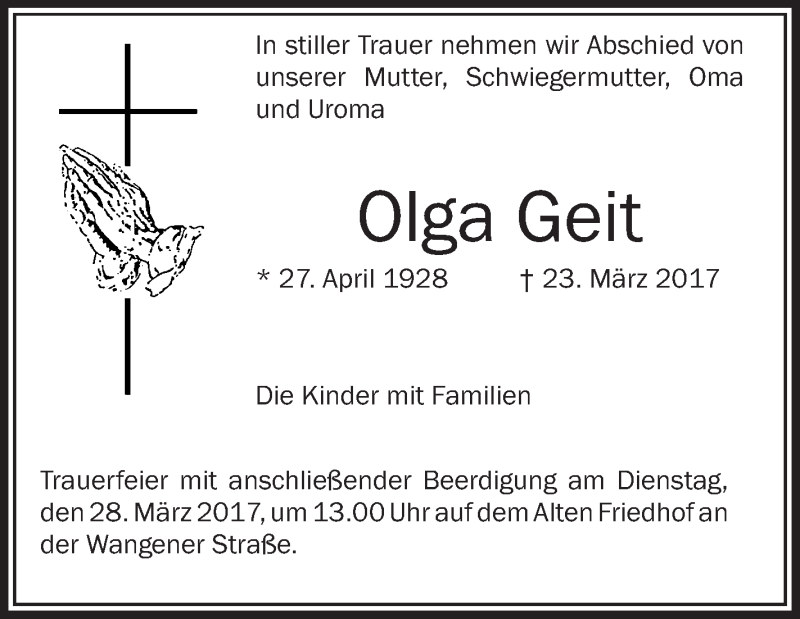 Traueranzeigen Von Olga Geit Schwaebische De Trauerportal