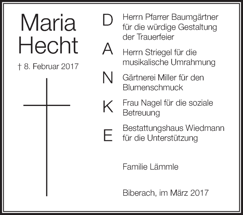 Traueranzeigen Von Maria Hecht Schwaebische De Trauerportal