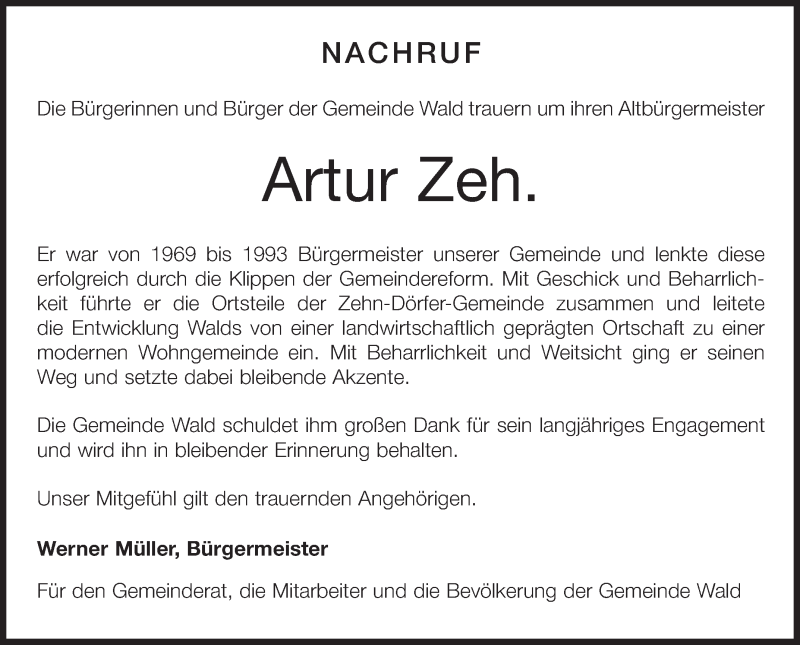 Traueranzeigen Von Artur Zeh Schwaebische De Trauerportal