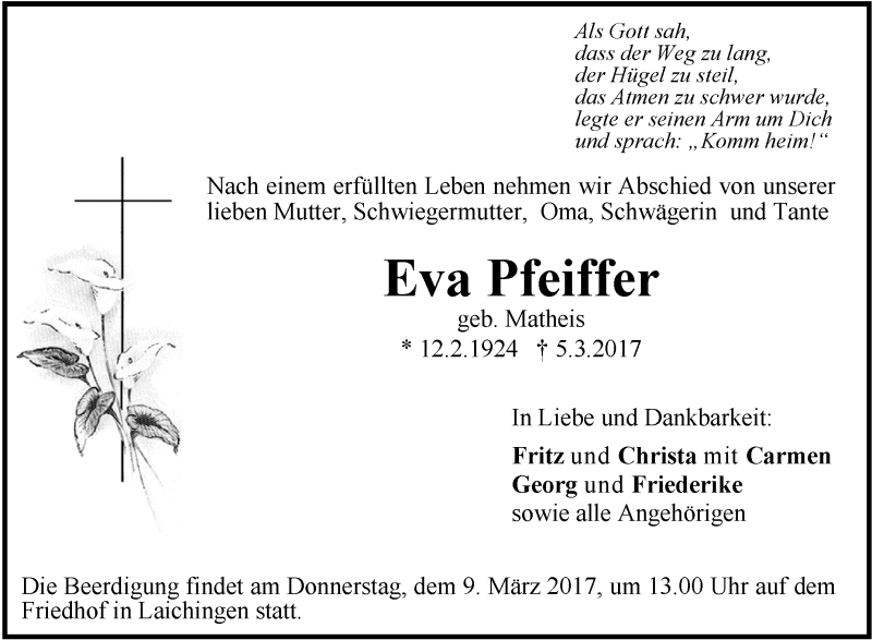 Traueranzeigen Von Eva Pfeiffer Schwaebische De Trauerportal