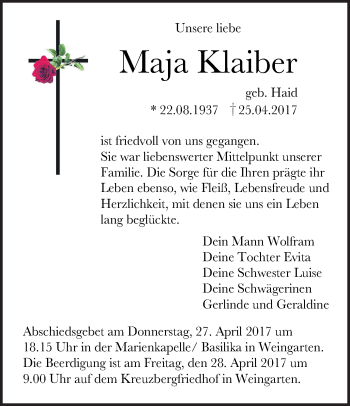 Traueranzeigen Von Maja Klaiber Schwaebische De Trauerportal