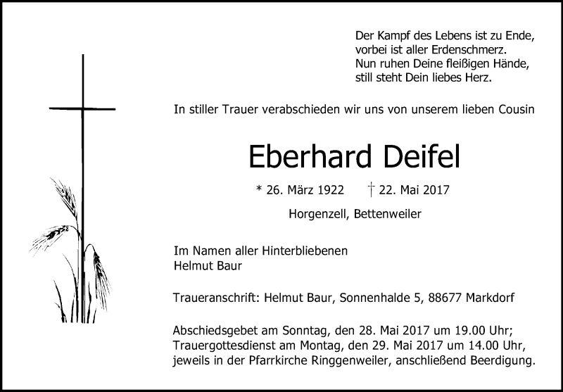 Traueranzeigen Von Eberhard Deifel Schwaebische De Trauerportal