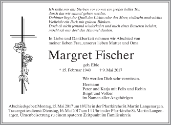 Anzeige von Margret Fischer von Schwäbische Zeitung