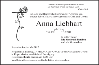 Anzeige von Anna Liebhart von Schwäbische Zeitung