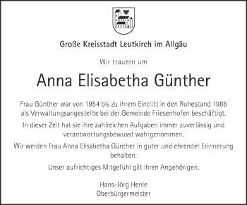 Traueranzeigen von Anna Elisabetha Günther schwaebische de Trauerportal