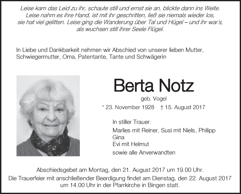 Traueranzeigen Von Berta Notz Schwaebische De Trauerportal