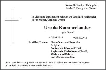 Traueranzeigen Von Ursula Kammerlander Schwaebische De Trauerportal