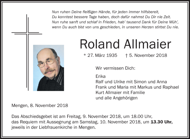 Traueranzeigen Von Roland Allmaier Schwaebische De Trauerportal