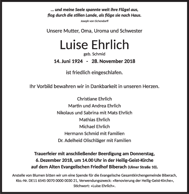 Traueranzeigen Von Luise Ehrlich Schwaebische De Trauerportal