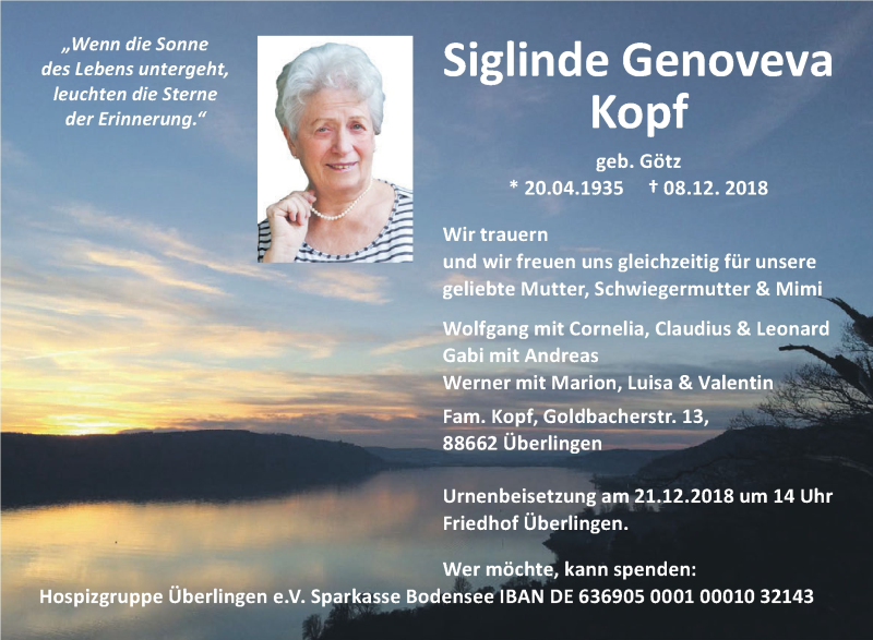 Traueranzeigen Von Siglinde Genoveva Kopf Schwaebische De Trauerportal